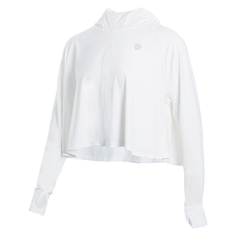 White zipper long sleeves sun protection thin hoodie for women, perfect for yoga or running with lightweight, breathable fabric.